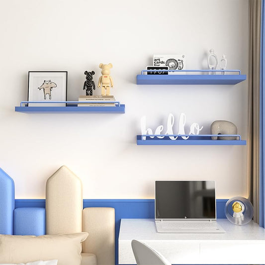 RYOFOBETTO Blue Floating Shelves, Room Decor Shelves,Pink Kawaii Room Decor Wall Shelves for Living Room, Bedroom, Picture Frames, Plants, Kitchen, Set of 3 (Blue) - color: Blue, size: 16"