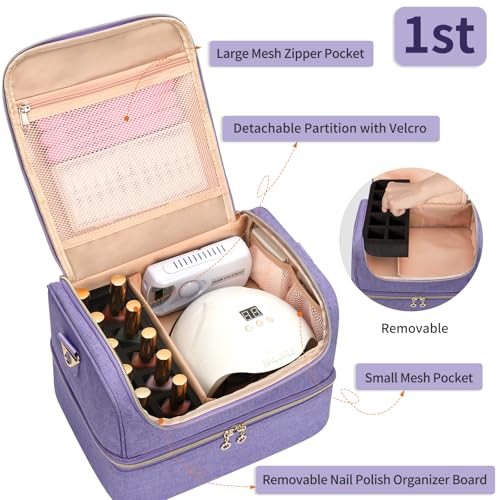 CUBETASTIC Nail Polish Organizer Case, Nail Supplies Storage Box Holds 45 Bottles Nail Polish & Nail Lamp, Travel Nail Tech Carrying Case, Nail Kit Bag For Nail Stuff & Manicure Tools - color: Purple, size: 45 Slots
