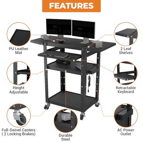 Mobile AV Cart with Pullout Keyboard Tray, Rolling Computer Cart Height Adjustable Rolling Media Utility Cart with 4 Wheels, 4 Outlets, Perfect for Home or Office Us