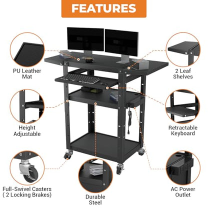 Mobile AV Cart with Pullout Keyboard Tray, Rolling Computer Cart Height Adjustable Rolling Media Utility Cart with 4 Wheels, 4 Outlets, Perfect for Home or Office Us