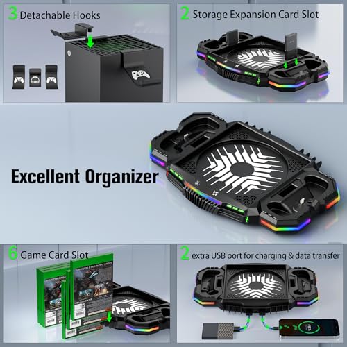 Cooling Fan with Charging Station for Xbox Series X Console and Controller - Vertical 15 RGB Modes Cooler Stand System, Low-Noise, Effectively Reduce Console Temperature and Quickly Charge Controller