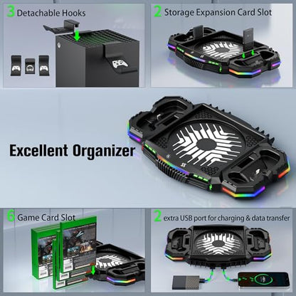 Cooling Fan with Charging Station for Xbox Series X Console and Controller - Vertical 15 RGB Modes Cooler Stand System, Low-Noise, Effectively Reduce Console Temperature and Quickly Charge Controller