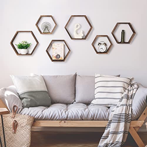 Hexagon Floating Shelves Set of 6 Farmhouse Honeycomb Wall Storage Shelf Wood Display Hexagonal Shelves Wall Mounted Hanging Rustic Shelf Racks for Bedroom Living Room Hallway Office Decor, Brown - color: Brown, size: 6 Pack