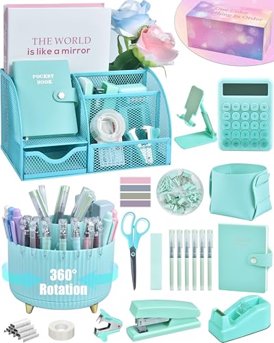 LXEVIHK 21Pcs Green and Blue Desk Organizers and Accessories With Mesh Desk Organizer and 360°Rotating Pen Holder and a Lot of Office Green Office Supplies Beautifully Presented in a Gift Box - color: green+blue