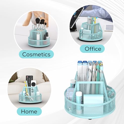 YINGHUA Metal Mesh Desk Organizer with 5 Compartments and Rotating Pencil Holder Pen and Stationery Organizer for Office Home School Anti Slip Base Blue - color: Blue