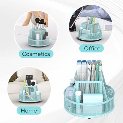 YINGHUA Metal Mesh Desk Organizer with 5 Compartments and Rotating Pencil Holder Pen and Stationery Organizer for Office Home School Anti Slip Base Blue - color: Blue