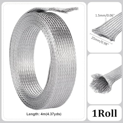 UNICRAFTALE 1" Wide Stainless Steel Braided Sleeving Braid Cable Wire Shielding Sleeve Ground Straps Protection Flat Metal Mesh Flexible Expandable Scalable Ribbon Wire for Protect Cable 13.12 Feet - size: 4m x 25mm