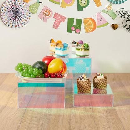 3Pcs Iridescent Risers Display Stands,Stackable Acrylic Cubes | Clear Display Box Nesting Rainbow Showcase for Collectibles Figures Jewelry Perfume Handbag Dessert, Neon Food Buffet Riser - color: Iridescent-3pcs
