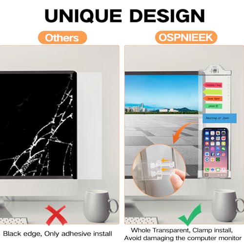 Monitor Memo Boards for Computer, Upgrade Transparent 3 PCS (Left & Right & Bottom) Multifunction Screen Message Reminder Pad Side Panel Phone Holder Organizer for Office Desktop, with Pen Sticky Note - style: Left + Right + Bottom