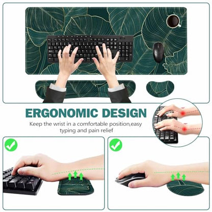 ToLuLu Extended Gaming Mouse Pad, Memory Foam Ergonomic Keyboard Mouse Wrist Rest Support Set, Large Desk Mat with Stitched Edges, Non-Slip Base Mousepad for Home Office Game, Green Golden Leaves - color: Green Golden Leaves