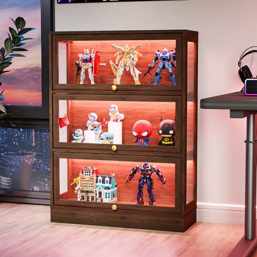 Display Cabinet with Acrylic Glass Doors,3-Tiers Curio Cabinet with LED Lighting for Collectibles, Collectibles Toy Organizers Rack & Display Shelf Display Case Storage Cabinet,Walnut - color: Walnut, size: 31" W x 42" H