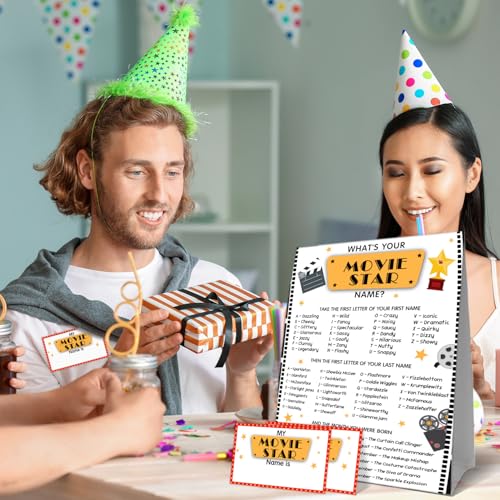 What's Your Movie Stars Name Game Card Set, Movie Stars Games Sign Cards, Hollywood Birthday Party Game Cards, 1 Movie Stars Name Sign, 30 Names Sticker, Funny Birthday Party Decor for Boys Girls - style: Movie Stars