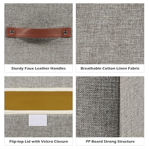 Storage Boxes with Lid Cotton Linen Fabric Storage Bins Organizer Container Decorative Collapsible Washable Shelf Baskets Faux Leather Handles for Home Bedroom Closet (Gray, Small Size) - color: Gray, size: Small (Set of 1)