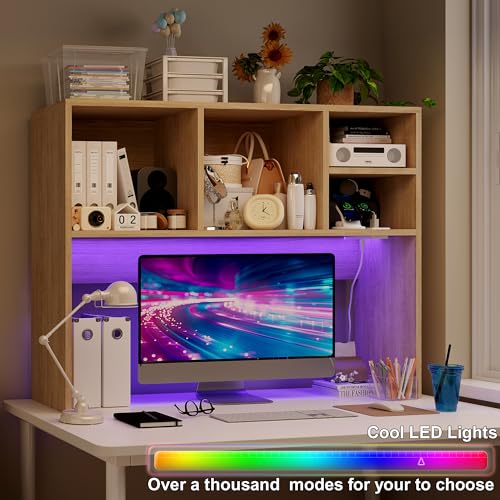DreamDashio Desktop Bookshelf Organizer with Outlet & RGB Light, 2-Tier Multipurpose Wood Desk Hutch for Gaming, Home Office, Dorm, Oak White