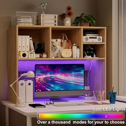 DreamDashio Desktop Bookshelf Organizer with Outlet & RGB Light, 2-Tier Multipurpose Wood Desk Hutch for Gaming, Home Office, Dorm, Oak White