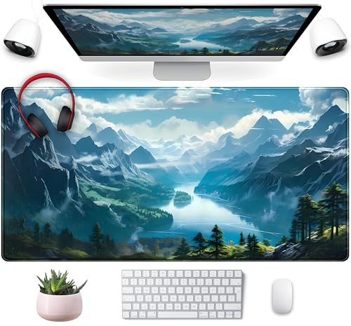 Aesthetic Mountain Vista Desk Mat, Blue Natural Wonder XXL Large Extended Gaming Mouse Pad Mat Non-Slip Mousepad, Computer Keyboard and Mouse Mat, Desk Pad with Stitched Edges, 31.5x15.75 in - color: Blue Mountain Vista