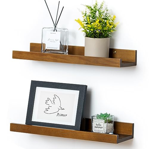 16 Inches Floating Shelves for Wall, Solid Pine Wood Picture Ledge Shelves, Walnut Wall Shelves with Lips, Nursery Book Shelves for Toys Storage Living Room Bedroom Photo Frames (2 Pcs, Walnut) - color: Walnut, size: 16'', set of 2