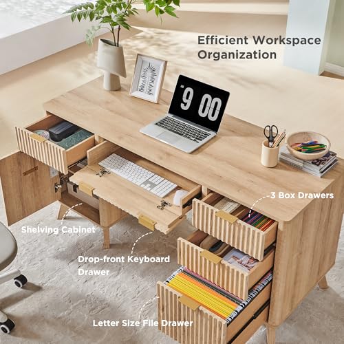 T4TREAM 60'' Fluted Executive Desk with Drawers, Modern Home Office Computer Desk with Charging Station, Keyboard Tray, File Drawer and Storage Cabinet for Study, Living Room, Bedroom, Natural Oak - color: Natural Oak