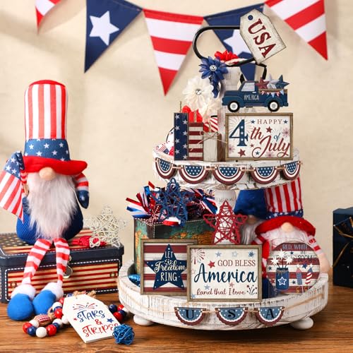 20 Pcs 4th of July 250th Anniversary Patriotic Tiered Tray Decoration USA Flag Wood Signs Rustic Independence Day Wooden Tiered Tray Decorations for Labor Memorial Day Home Party - style: Classic Style