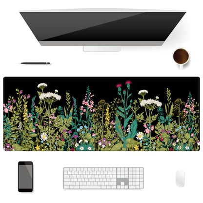 Extended Desk Mat (31.5x11.8 inch 3mm Thick), iDonzon Soft Cute Extra Large XXL Waterproof Gaming Mouse Pad with Non-Slip Rubber Base & Stitched Edges, for Working/Game, Garden Flowers - color: Black