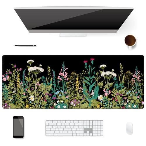 Extended Desk Mat (31.5x11.8 inch 3mm Thick), iDonzon Soft Cute Extra Large XXL Waterproof Gaming Mouse Pad with Non-Slip Rubber Base & Stitched Edges, for Working/Game, Garden Flowers - color: Black