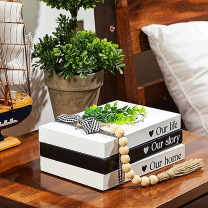 Capoda 3 Pcs Decorative Books for Home Decor Farmhouse Faux Stacked Books Wooden Rustic Table Decor with Bead Garland Twine Ribbon Faux Leaf for Table(This is Us) - style: This is us