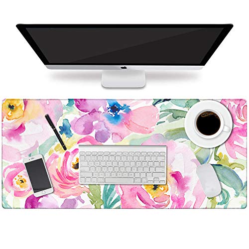 HAOCOO Floral Extended Desk Pad, Large Mouse Mat With Edge Stitching, 2 MM Thick Waterproof Computer Keyboard Mat, Non-Slip Rubber Base for Office - color: Colorful Floral Pink