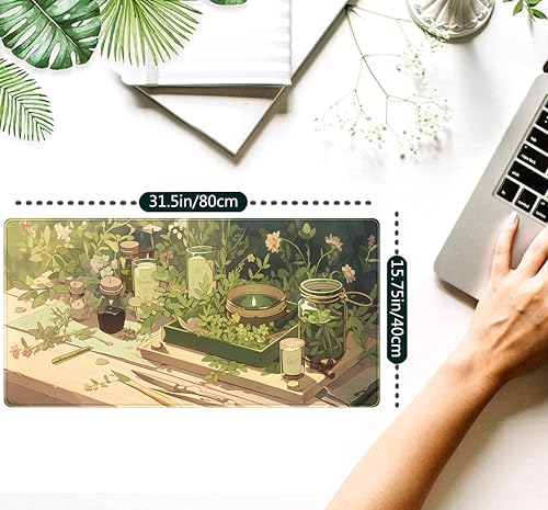 Cute Desk Mat Green Sage Mouse Pad Anime Forest XXL Large Extended Gaming Mousepad Desk Matt for Desktop Computer Pad Mat, Laptop Keyboard Mouse Mat Office Decor Accessories for Women, 31.5x15.7 in - color: Green Anime Forest