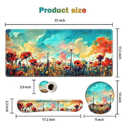 ARTSO Desk Mat, Large Gaming Mouse Pad Wrist Support Set, Ergonomic Keyboard Wrist Rest Desk Pad with Coaster Combo, Extended Mousepad with Non-Slip for Home Office, Oil Painting Flowers Plants - color: Oil Painting Flowers Plants