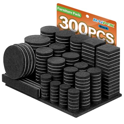 Furniture Pads 300 Pieces Felt Furniture Pads Premium Huge Pack, BAIPOK Self Adhesive Anti Scratch Floor Protectors for Desk Chair Legs and 60 Rubber Bumpers for Hardwood Tile Floor - size: Black