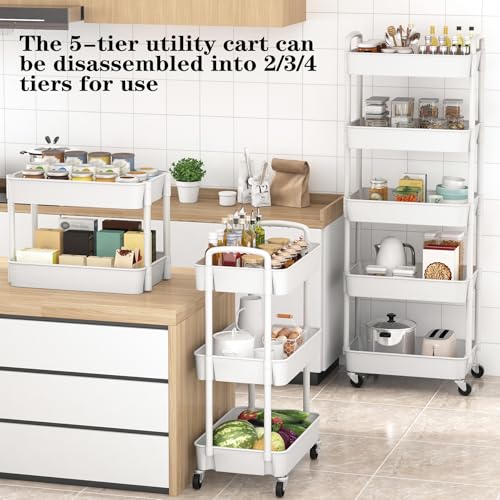 Sywhitta 5-Tier Plastic Rolling Utility Cart with Handle, Multi-Functional Storage Trolley for Office, Living Room, Kitchen, Movable Storage Organizer with Wheels, White - color: White, size: 5-tier