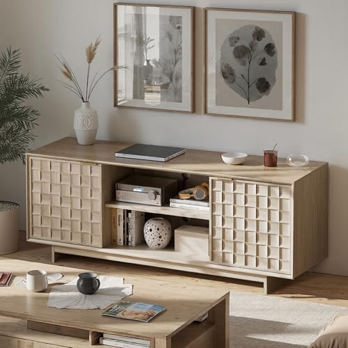 COLAMY TV Stand with Two Doors, Entertainment Center 59" with Adjustable Shelves and Storage, Mid-Century Modern TV Stand for 50/55/65 inch TV, Media Console Cabinet for Living Room, Bedroom Oak