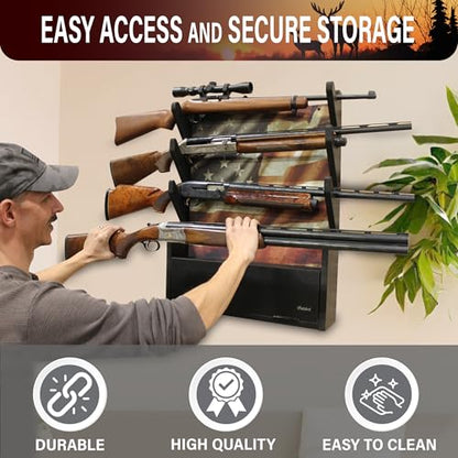 Rush Creek Creations Engineered Wood Gun Rack - Wall Mount Display for 4 Rifles/Shotguns, American Flag Design with Accessory Storage - color: Black