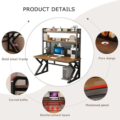 31.4in Gaming Desk with Bookshelf, Pegboard & Storage Shelves (Brown, 31.4in) - color: Brown, size: 31.4in