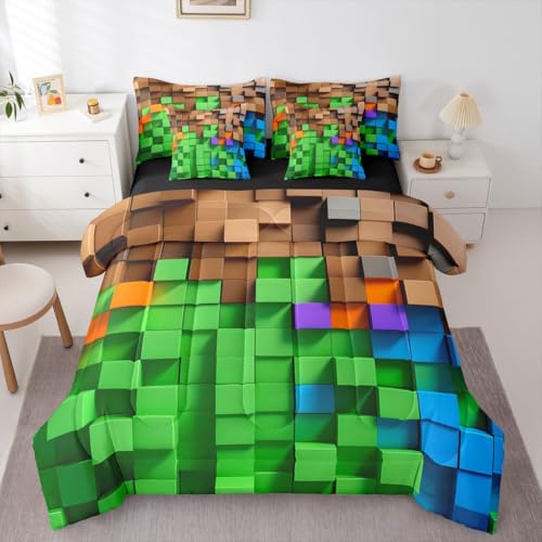 jejeloiu Pixelated Green Brown Blue 7 Piece Bedding Set Twin Size,Geometric Check Video Games Bed in a Bag for Boys Girls,Gamepad Grid Comforter Set with Sheets,Pillowcases & Cushion Cover Room Decor - color: Green Brown Blue, size: Twin