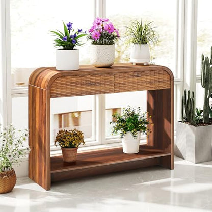 Curved Console Table Arch with Storage, Narrow Entryway Table with Drawers, 43.3'' Couch Table Behind Sofa Long and Skinny for Living Room TV, Hallway Entrance Foyer, Mid Century Farmhouse Rattan