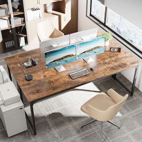 Huuger Computer Desk, 80 Inch Office Desk, Gaming Desk with Storage, Writing Desk Work Desk for Home Office, Study, Long Simple Desk, Large Legroom, Metal Frame, Rustic Brown - color: Rustic Brown, size: 80inch