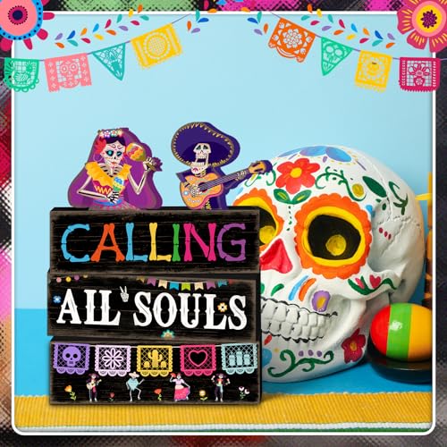 Britimes 4 Pcs Day of the Dead Skull Table Decor Halloween Tiered Tray Decorations Set Skull with Guitar and Maracas Block Signs Gift Rustic Farmhouse Tabletop Decor for Table & Home Office - style: Day of the Dead Duo