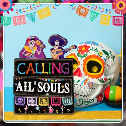 Britimes 4 Pcs Day of the Dead Skull Table Decor Halloween Tiered Tray Decorations Set Skull with Guitar and Maracas Block Signs Gift Rustic Farmhouse Tabletop Decor for Table & Home Office - style: Day of the Dead Duo