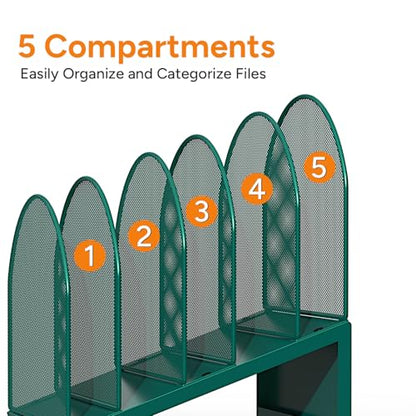 5-Section Desk File Organizer, Metal Mesh Folder Organizer for Documents, Mail & Office Papers (Green) - color: Green