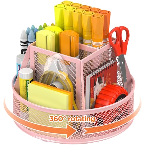 Docnest 360° Rotating Pen Holder,Heavy-Duty Metal Mesh Desk Organizer with 6 Compartments for Pencils,Scissors & Markers –Space Saving Office Supply for Teachers, Students & Home Desk-Pink - color: Pink