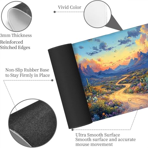 Cactus Desert Mouse Pad Large Sunset Mountain Wildflower Road Illustration Mousepad XL Large Gaming Mouse Pad Laptop Keyboard Mat Desk Pad 31.5x11.8 Inch - color: Cactus Desert