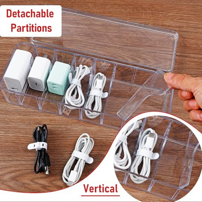 4 Pack Cable Organizer Box with Lid, Clear Plastic Cord Storage Box for Home & Office, Includes 8 Dividers & 40 Cable Ties (27 x 9.5 x 6 cm)