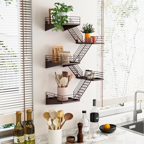 Fire Escape Shelf - 5 Tier Large Coffee Metal Fire Escape Wall Shelves with Baskets, New York Action Figurine Display Shelf, Unique Rustic Floating Decorative Wall Shelves for Home - color: E-coffee-2 5 Tier, size: 5 Tier