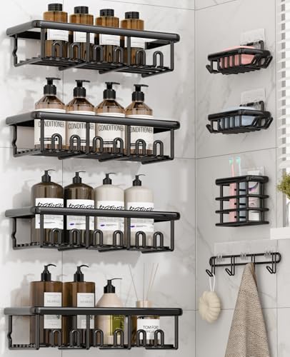 8 Pack Adhesive Rustproof Shower Caddy with Soap Dishes, Toothbrush Holder & Hooks, Large Capacity No-Drilling Shower Shelves Rack for Bathroom Organizers and Storage Accessories, Black - color: Black