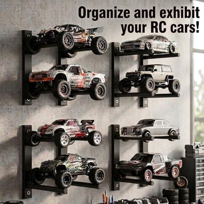 2 Pack RC Car Wall Mount, RC Car Stand for 4 Vehicles, Remote Control Cars Storage for Garage & Home, Wall Mount Shelf for Scale Trucks, Workstation Organizer