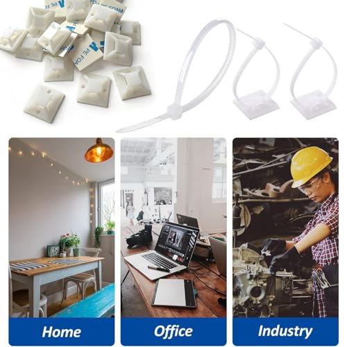 Strong Back-Glue Self Adhesive Cable Zip Tie Mounts Kit - 100 Set Cable Management Clips with 6" Zip Ties, Wire Holders - Outdoor Sticky Wire Organizer Clips - White - color: White, size: 100 Set