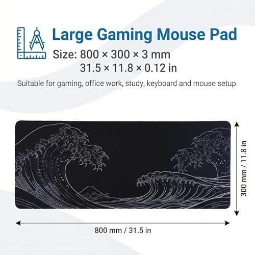 Large Gaming Mouse Pad 31.5x11.8 inch, 3mm Thick Non-Slip Rubber Base with Stitched Edges, Japanese Wave Style Desk Mat for Office, Home, Game