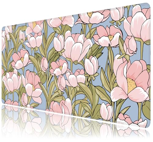 Desk Mat, WatercolorTulip Flowers XXL 35.4"x15.7"Large Gaming Mouse Pad, 3mm Thick Gaming Keyboard Pad,Desk Pad Non-Slip Rubber Base with Stitched Edges for Office Game Home Decor - color: Watercolortulip Floral
