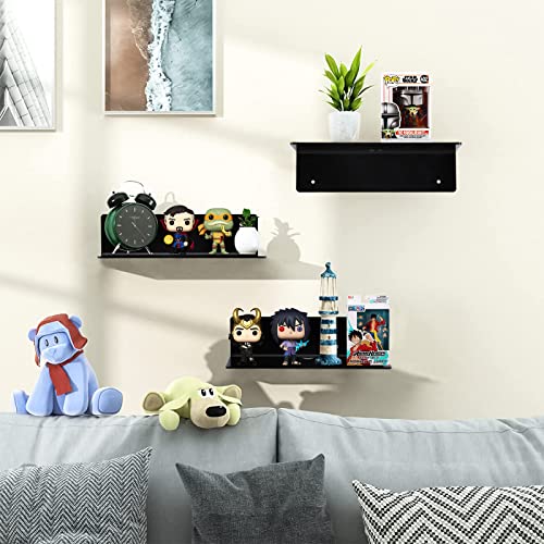 9 Inch Acrylic Floating Shelf No Drill Adhesive Wall Shelf Set of 4 for Funko Pop Storage, Floating Shelves Damage-Free Expand Wall Space for Living Room, Bathroom, Gaming Room, Office - Black - color: Black